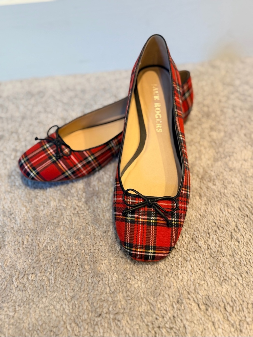 Jack Rogers Red Plaid Ballet Flats with Black Bow Trim